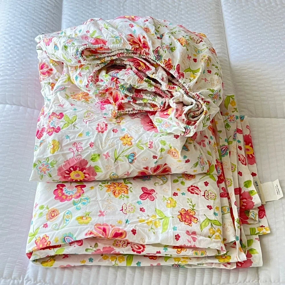 Vtg. Pottery Barn Kids Queen Sheet Set Cotton Floral Paisley Garden Party USA